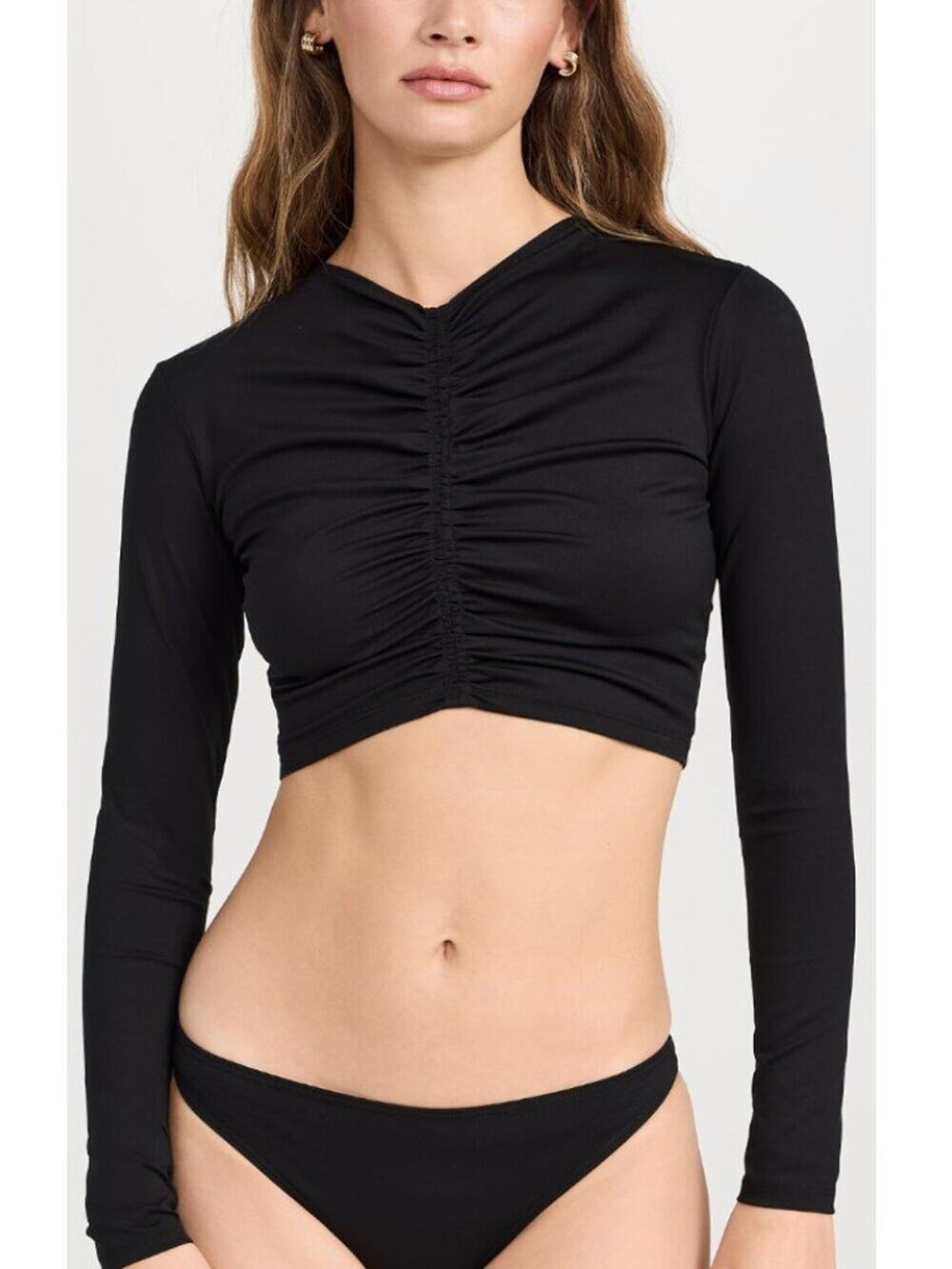 A.L.C. Ansel Black Ruched Long Sleeve Swim Rashguard Top